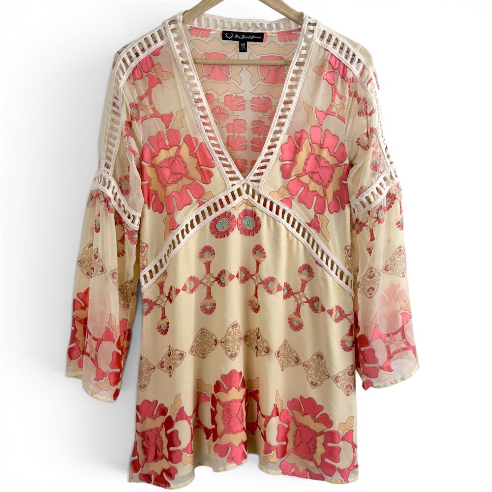 for love & lemons barcelona a-line mini 70s retro cream, coral women's dress XS